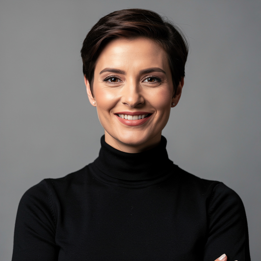 Belgian woman lighting designer smiling in studio