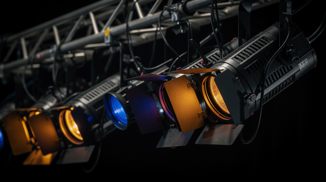 Close-up of colored stage lighting fixtures and gels