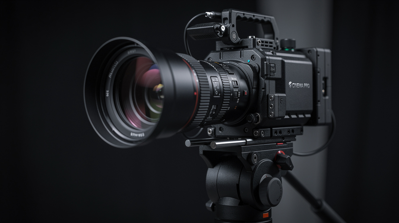 Professional cinema camera with lens mounted on tripod