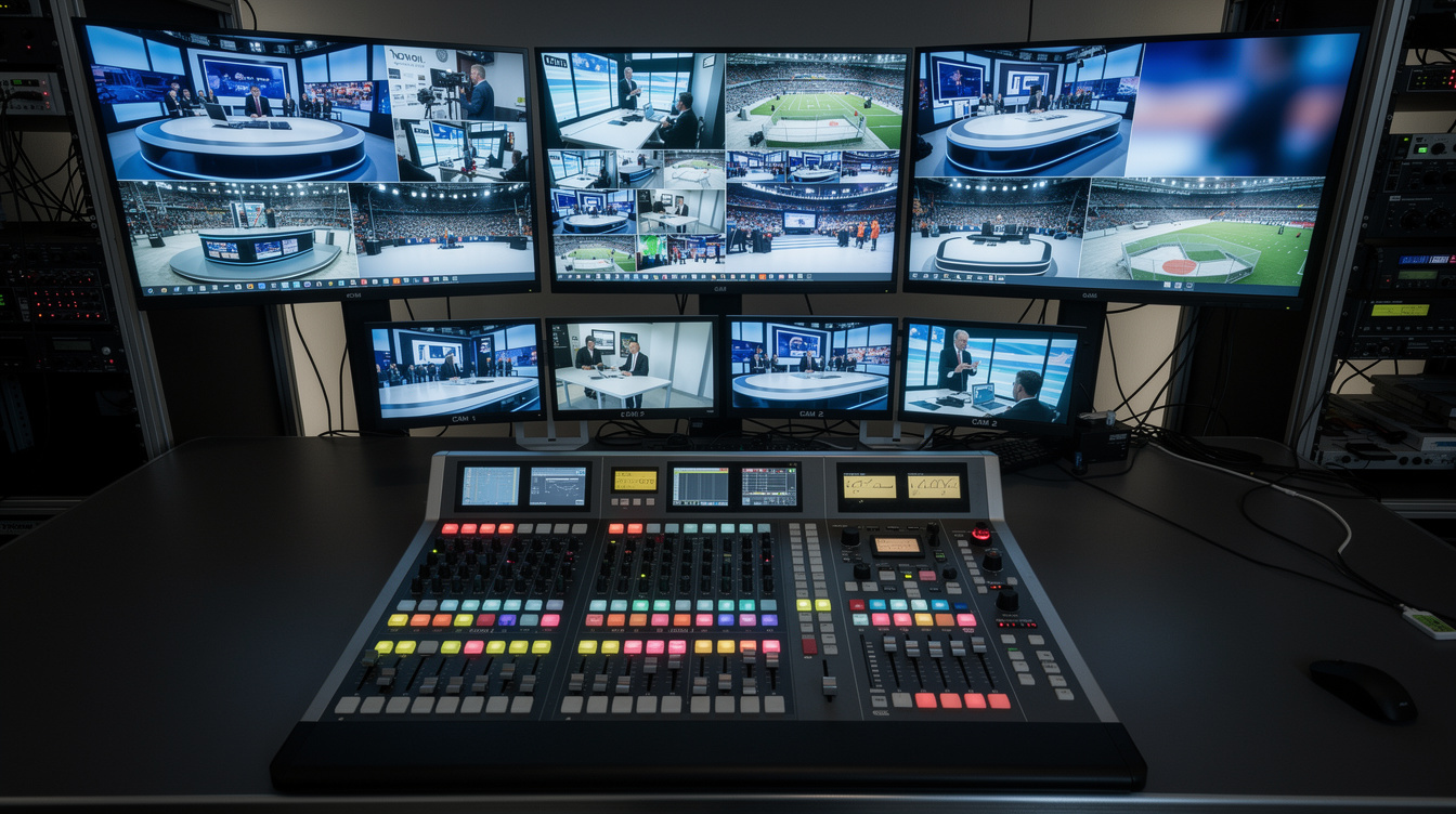 Video production control room with multiple monitors and switcher