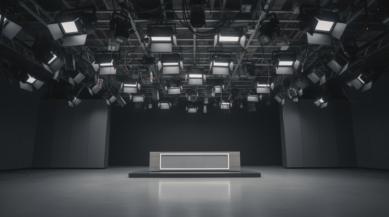 Interior of a large television studio with lighting grid